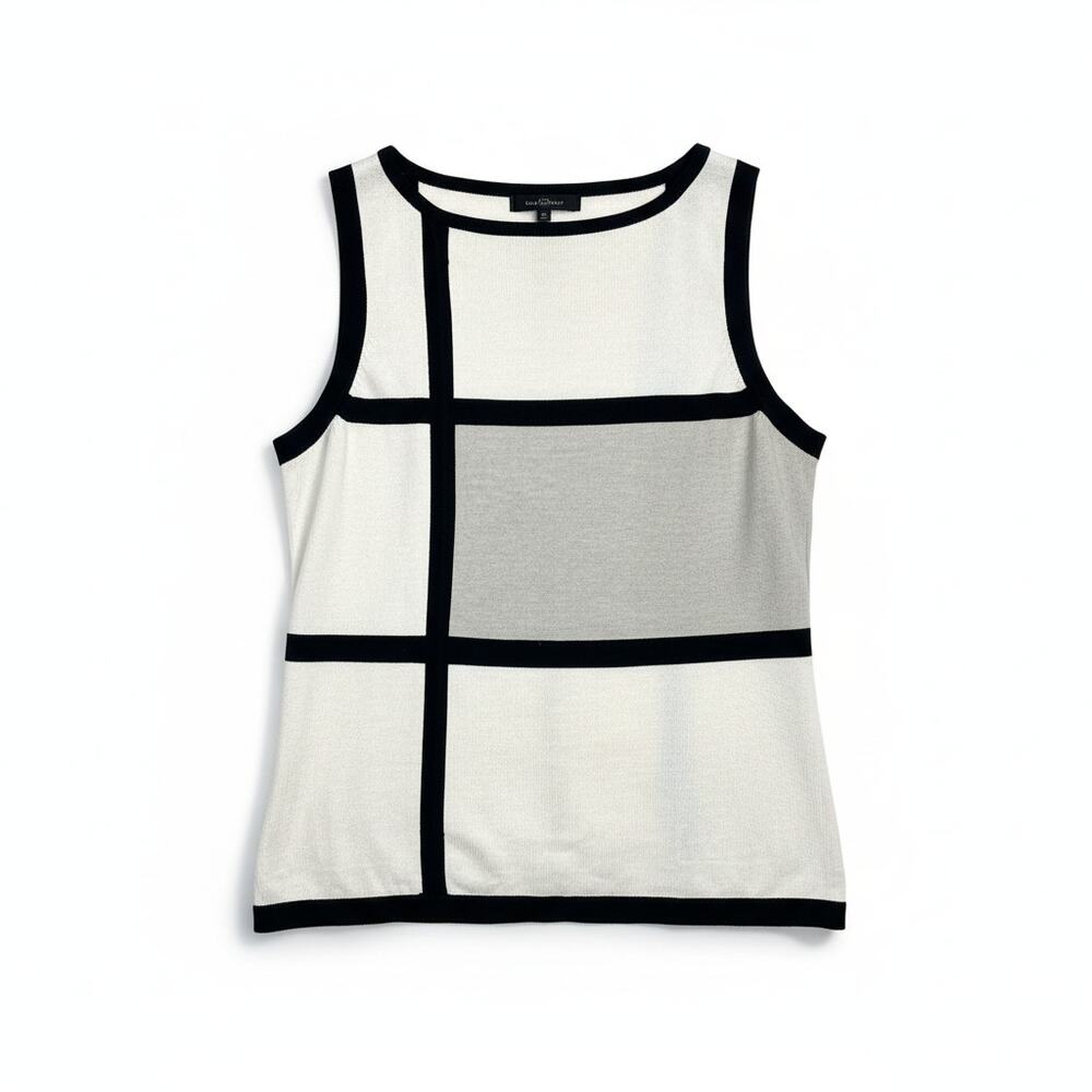 Sandra Women Silk Blend Knit Geometric Contrast Trim Top Black Ivory Size Large